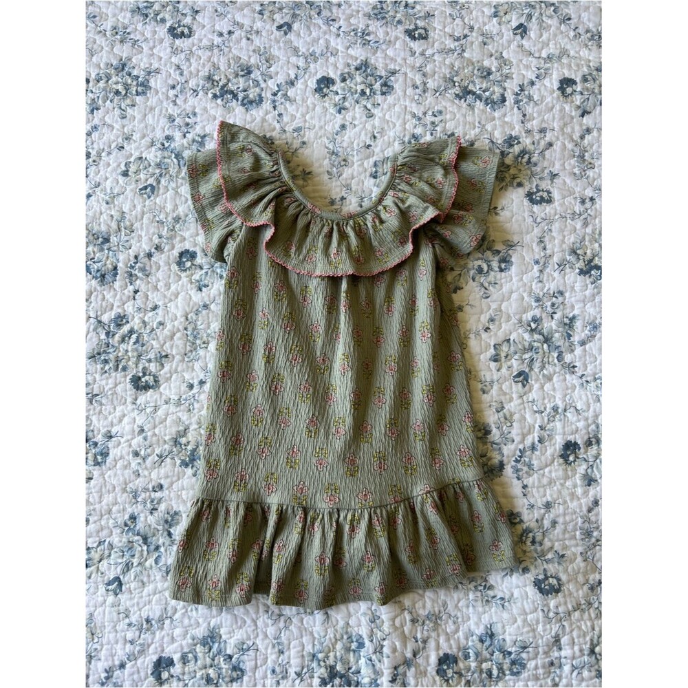 Olive Green Floral Ruffle Dress with Pink Trim